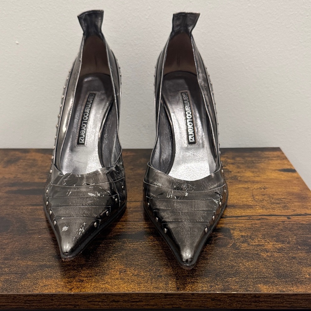 Gianmarco Lorenzi Metallic Gunmetal Pointed Toe Studded Pumps